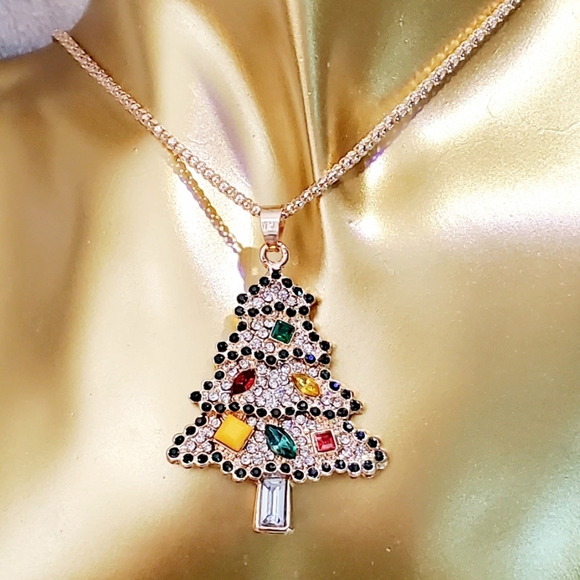 Gold-plated multicolored crystal Christmas tree pendant necklace - Picture 5 of 12